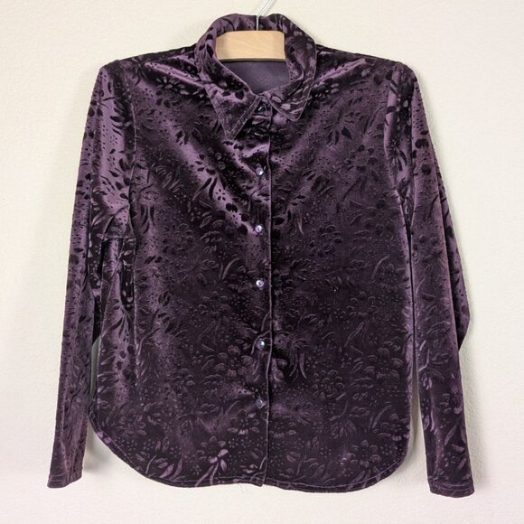 VTG Women's Purple Velvet Burnout Floral Button Down Shirt size L Whimsigoth - Picture 1 of 6